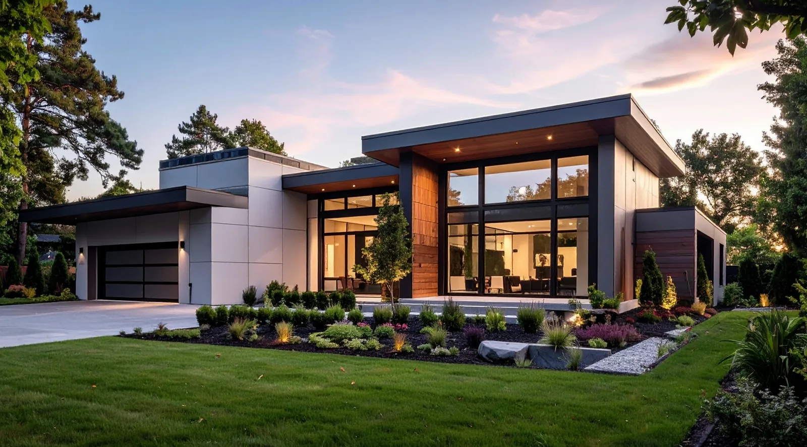 Modern single-storey home at dusk with landscaped garden — VizCraft real estate media