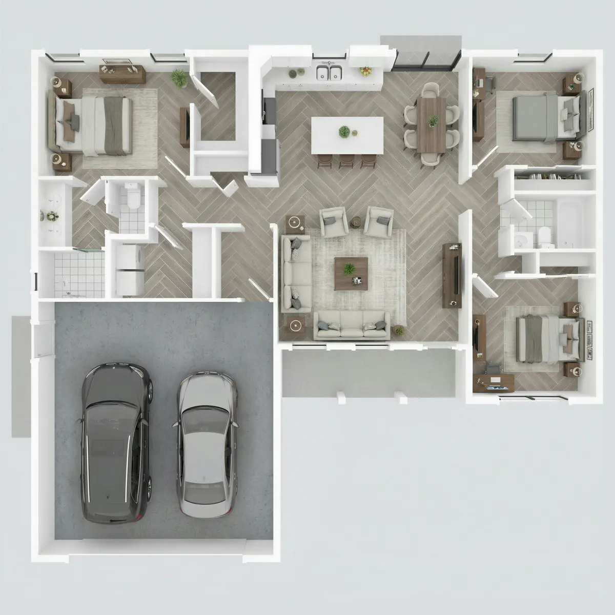 Furnished 3D floor plan showing rooms, garage and layout from above