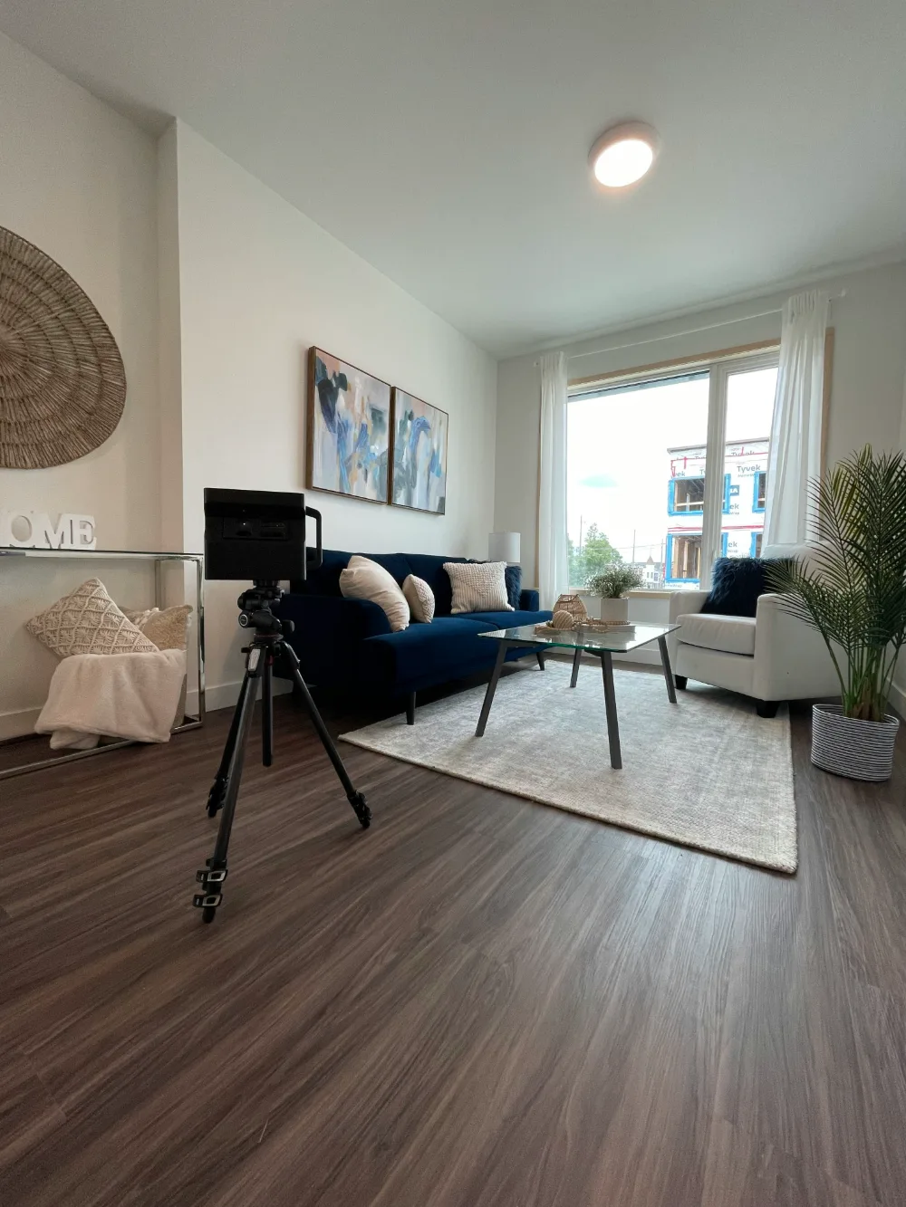 Matterport camera on a tripod capturing a staged living room with a navy sofa and artwork