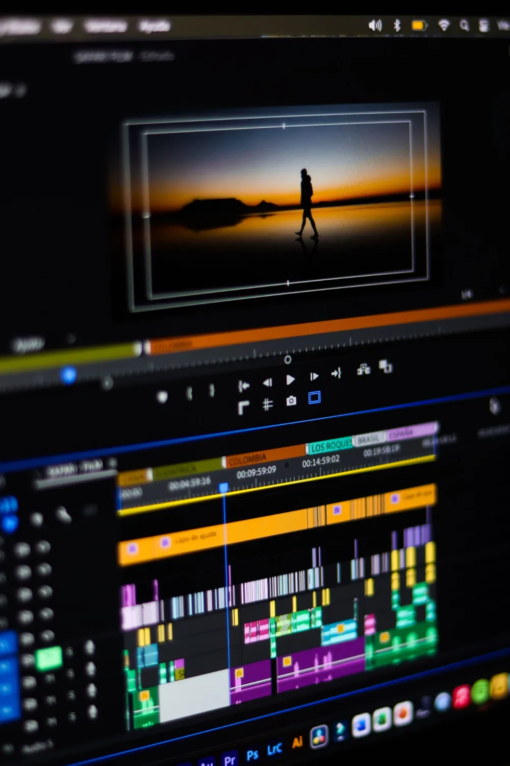 Real estate video being colour-graded on an editing timeline, with the property clip in the preview window